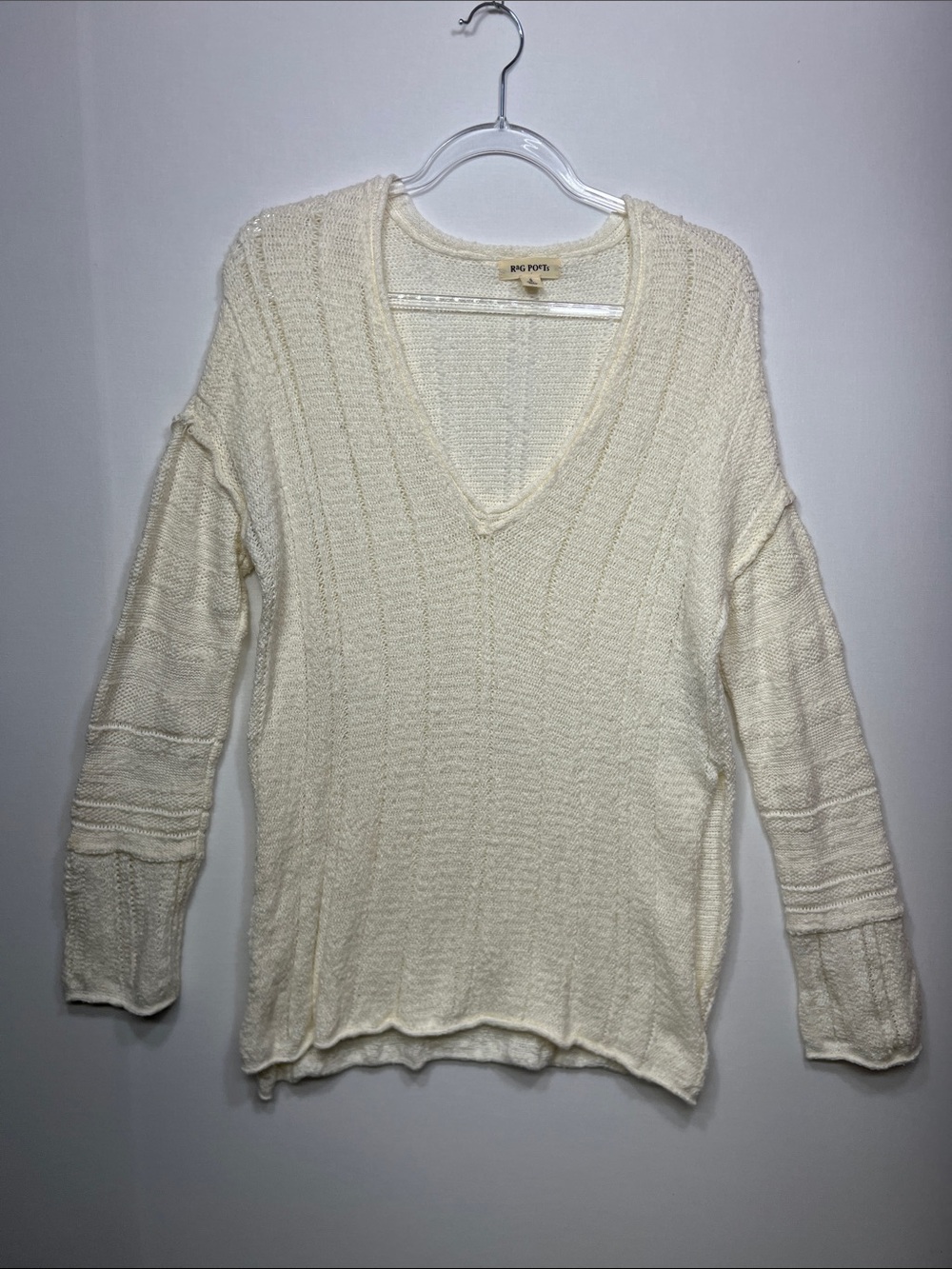 Rag Poets Cream V-Neck Textured Knit Oversized Sweater